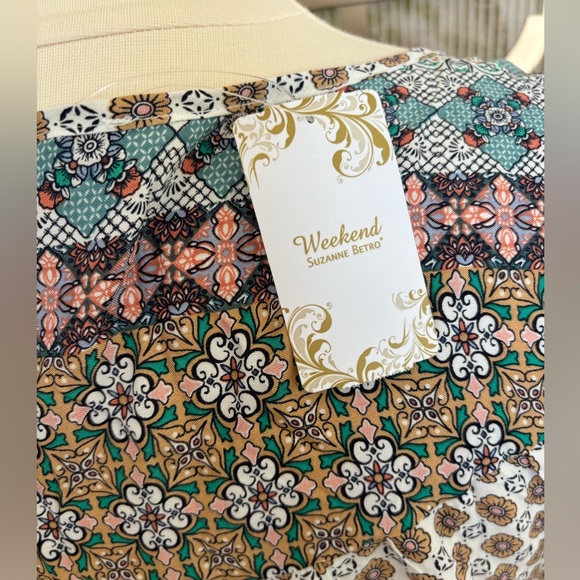 NWT | Suzanne Betro Taupe and Teal Geometric floral tie-neck loose fit tunic - Picture 7 of 9